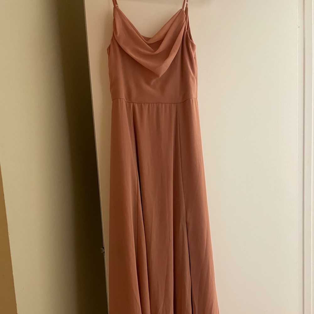 Desert coral bridesmaid dress from David’s Bridal